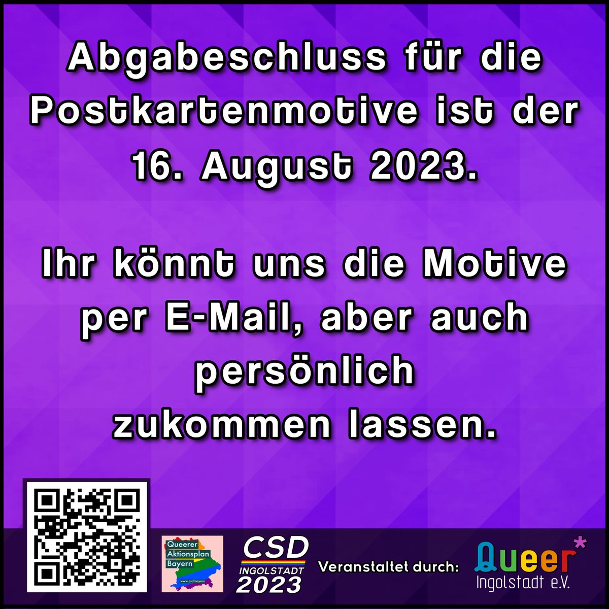 CSDIngolstadt's tweet photo. AUFRUF: Wie auch im letzten Jahr würden wir in diesem Jahr gerne wieder Postkarten mit Motiven von queeren Künstler*innen am CSD anbieten! 🥰

#ingolstadt #queeringolstadt #csdingolstadt #csdingolstadt2023 #lgbtq #pride https://t.co/GiFJEDvjO2