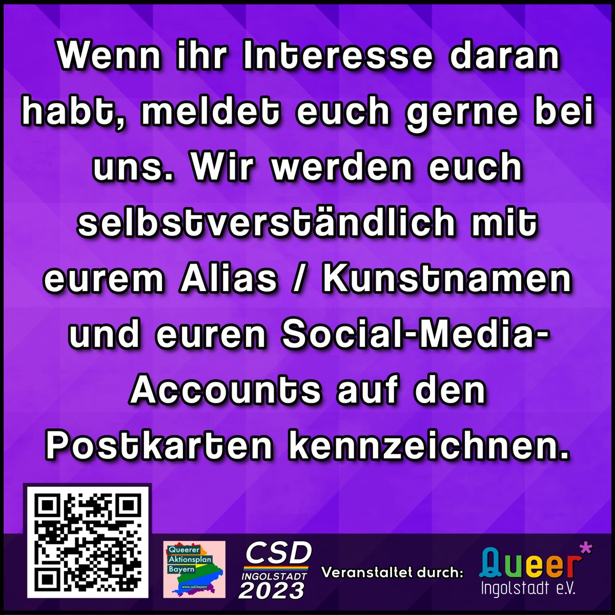CSDIngolstadt's tweet photo. AUFRUF: Wie auch im letzten Jahr würden wir in diesem Jahr gerne wieder Postkarten mit Motiven von queeren Künstler*innen am CSD anbieten! 🥰

#ingolstadt #queeringolstadt #csdingolstadt #csdingolstadt2023 #lgbtq #pride https://t.co/GiFJEDvjO2