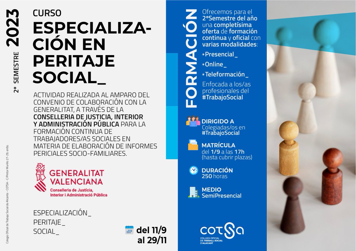 ❗️ CURSO ✔️ CURSO DE ESPECIALIZACIÓN EN PERITAJE SOCIAL 2023 📅 del 11/9 al29/11 📝 Inscripción desde el 1/9 a las 17h 💻 Semipresencial ℹ️ cotsalacant.es/es/post/notici… #TrabajoSocialDiverso🌈