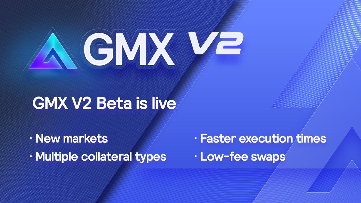 GMX V2 beta is Live on @Arbitrum and @Avax! 🫐 -> app.gmx.io/#/v2 - New assets are available for trading - Multiple collateral types can be used - Faster execution speed & lower slippage - Low-fee swaps and trades - Isolated pools - OI balancing and Swap incentives 1/5