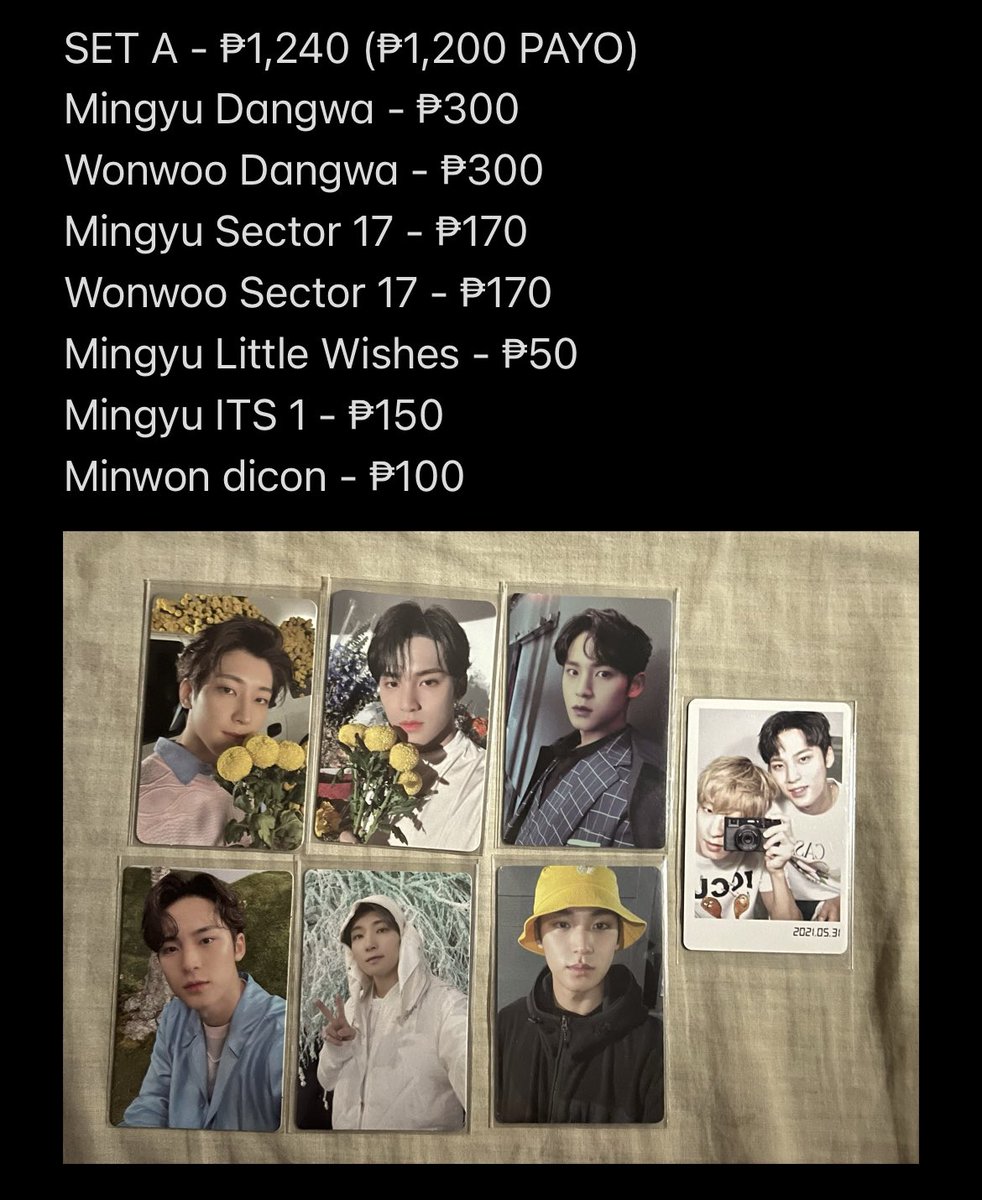 bnskrt's tweet photo. 𓂋 wts/lfb onhand ph

𓂋 SET A seventeen svt mingyu wonwoo minwon set

✷ price breakdown below
✷ payo / 4 days reservation for sure buyers
✷ mop : gcash
✷ mod : lbc / ggx

reply mine or dm to claim ! https://t.co/BV2Wf5OmOH