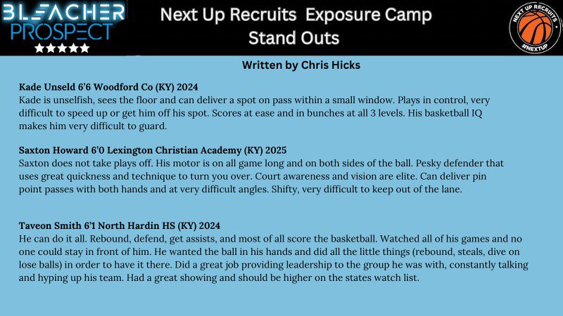 Write ups for some stand outs we were able to watch at the @NextUpRecruits Exposure Camp yesterday!! 
@kade_unseld @SaxtonHoward11 @taveonsmith11 @TylerBartley23 @Jacew1201 @TYCES1MPSON 
@PrepHoopsKY @KYINhoops @KY_PrepReport