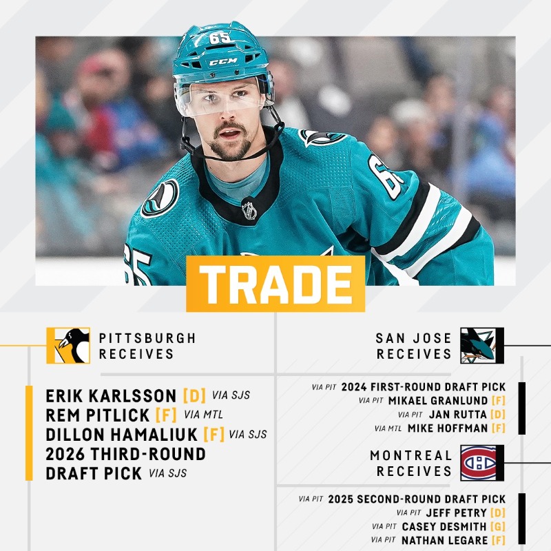 Penguins acquire defenceman Erik Karlsson in three-team trade with Sharks,  Canadiens