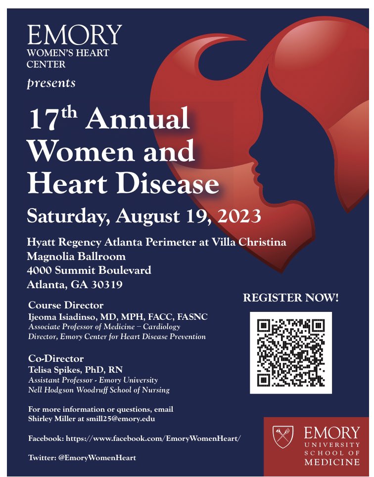 Gina Lundberg MD FACC FAHA (@gina_lundberg) on Twitter photo Join us Aug 19 in Atlanta for the <a href="/emorywomenheart/">Emory Women's Heart</a>
17th Annual #WomenandHeartDisease Conference #EWHC23
with Directors <a href="/ijeomaheartdoc/">Ijeoma Isiadinso MD MPH FACC FASNC</a> and <a href="/DrTelisa/">Telisa Spikes, PhD, RN</a>
<a href="/emoryheart/">Emory Cardiology</a> <a href="/EmoryDeptofMed/">Emory Department of Medicine</a> <a href="/EmoryNursing/">Emory Nursing</a> <a href="/EmoryRollins/">Emory Public Health</a> <a href="/EmoryMedicine/">Emory School of Medicine</a> <a href="/EmoryatGrady/">Emory SOM at Grady Hospital</a> Join us Aug 19 in Atlanta for the <a href="/emorywomenheart/">Emory Women's Heart</a>
17th Annual #WomenandHeartDisease Conference #EWHC23
with Directors <a href="/ijeomaheartdoc/">Ijeoma Isiadinso MD MPH FACC FASNC</a> and <a href="/DrTelisa/">Telisa Spikes, PhD, RN</a>
<a href="/emoryheart/">Emory Cardiology</a> <a href="/EmoryDeptofMed/">Emory Department of Medicine</a> <a href="/EmoryNursing/">Emory Nursing</a> <a href="/EmoryRollins/">Emory Public Health</a> <a href="/EmoryMedicine/">Emory School of Medicine</a> <a href="/EmoryatGrady/">Emory SOM at Grady Hospital</a>