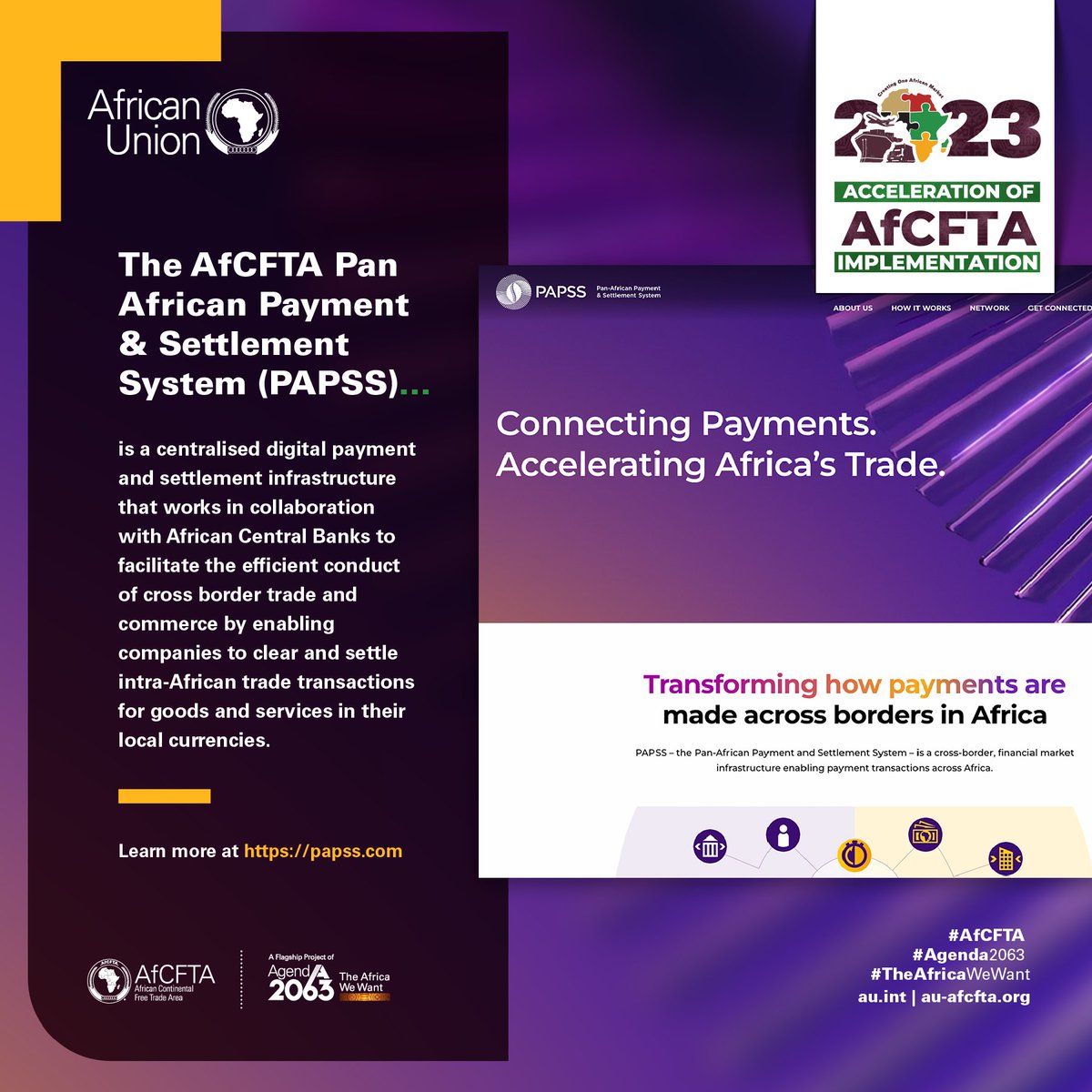 _AfricanUnion's tweet photo. #AfCFTA #PAPSS: Centralized digital infrastructure, partnering with Central Banks, revolutionizes cross-border trade. 

Clearing and settling intra-African transactions in local currencies for seamless commerce! 
Read https://t.co/OJDxlEwmRK 

#Agenda2063 #TheAfricawewant https://t.co/Cn73bJVhZa