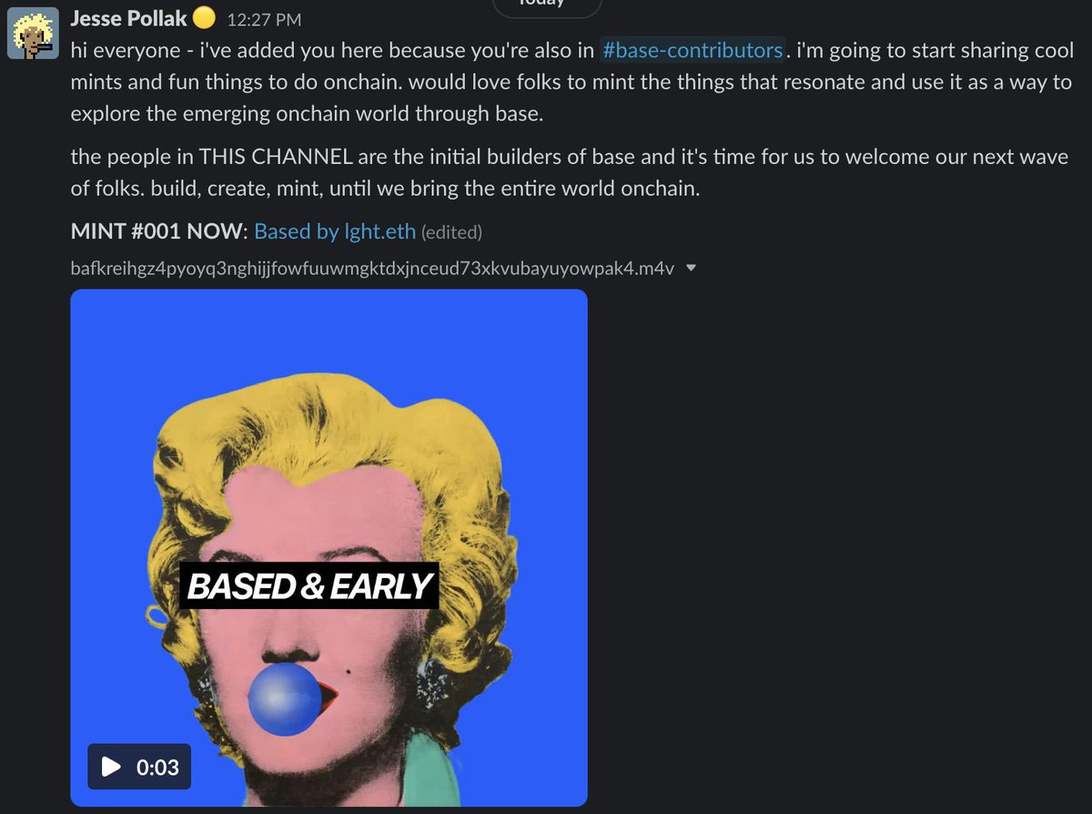 now curating a #mints channel in the <a href="/coinbase/">Coinbase 🛡️</a> slack

MINT #001: Based by @0xLGHT

zora.co/collect/base:0…