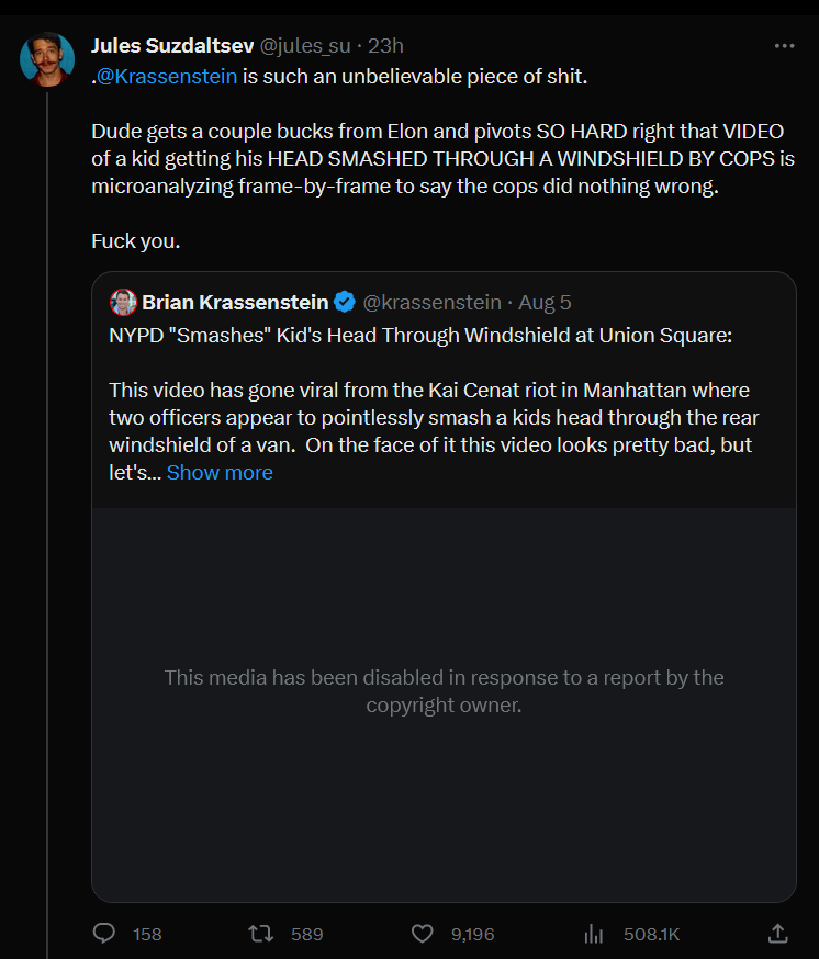 Bebathan's tweet photo. very interesting that the video of a kid getting his face smashed into a car window by the police has been "disabled" because of "copyright" https://t.co/1sCEfXy9PW