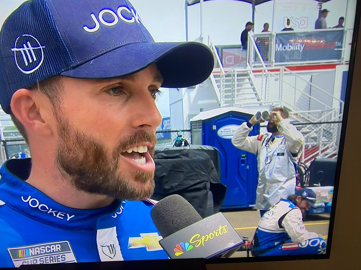 BigNemmer42's tweet photo. @RossChastain’s gasman is a gas!  Had us in stitches with the fake binoculars bit during the rain delay, thanks for the laughs @NASCAR @TeamTrackhouse @JennyCaroline72 https://t.co/Fd7YqjvMMF