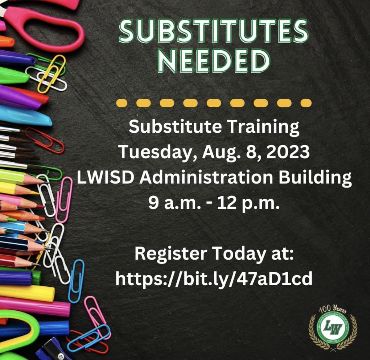 LakeWorthISD's tweet photo. There's still time to sign-up for the LWISD Substitute Training on Tuesday, Aug. 8, from 9 a.m. - 12 p.m., at the LWISD Admin Building. Register at https://t.co/GSinWofUDe to attend. Apply now to become a substitute at https://t.co/egMNtAhBjs. #WorthIt https://t.co/37JBUD5Vs9