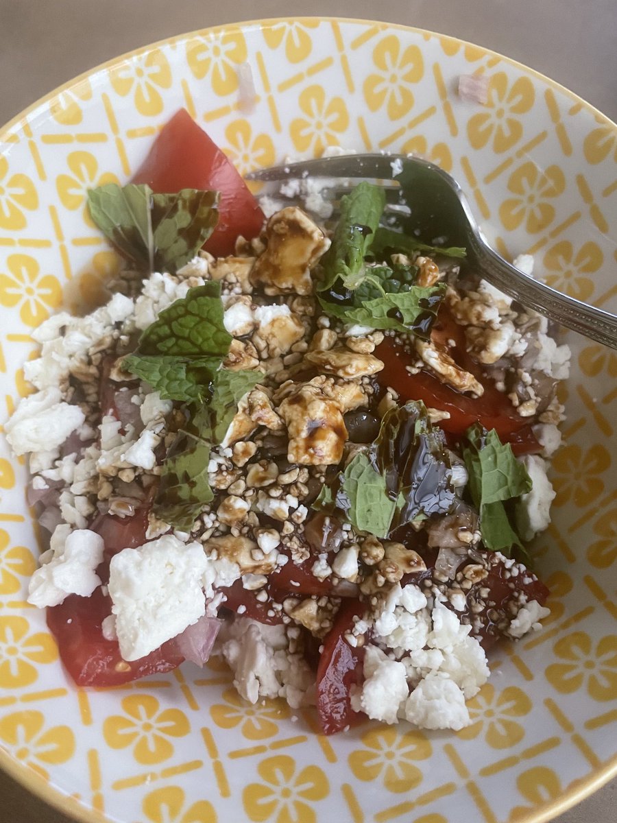 Yum - watermelon, feta cheese, tomatoes, red onion, fig vinegar and mint