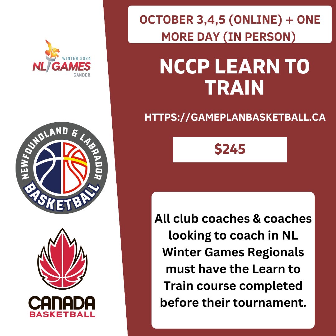 nlbasketball's tweet photo. Good afternoon #NLBACommunity! Coaching a team at the NL Winter Games Qualifiers? ALL coaches must be Learn to Train Trained.

The NLBA will be running one session Oct 3/4/5 virtually &amp;one on-court session to train coaches. All 4 sessions are mandatory!! https://t.co/2KarmQpMmZ