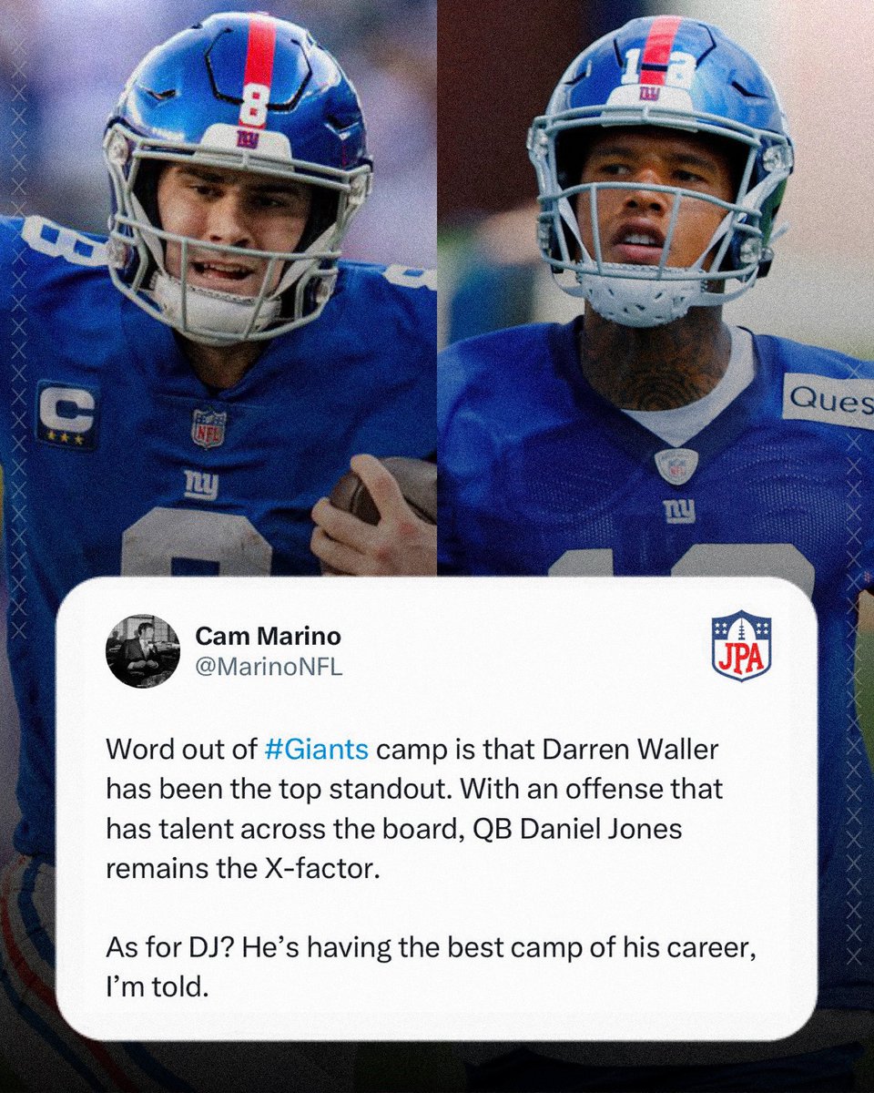 jasrifootball's tweet image. The #Giants offense has the potential to be VERY explosive 🧨 

QB: Daniel Jones
RB: Saquon Barkley
RB: James Robinson
WR: Darius Slayton
WR: Parris Campbell
WR: Jalin Hyatt
WR: Isaiah Hodges
WR: Wan’Dale Robinson
WR: Sterling Shepard
TE: Darren Waller
TE: Daniel Bellinger