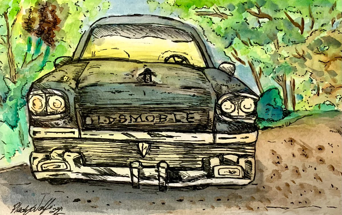 Tiaplady's tweet photo. Took some photos of some old cars and decided to sketch one. Now I am not someone that draws mechanical things often there are plenty of mistakes. Done with watercolor and sharpie pen in my new watercolor sketchbook . #watercolor #sketchbook #sharpiepen #Ilebaye https://t.co/T6OTDPwjWx
