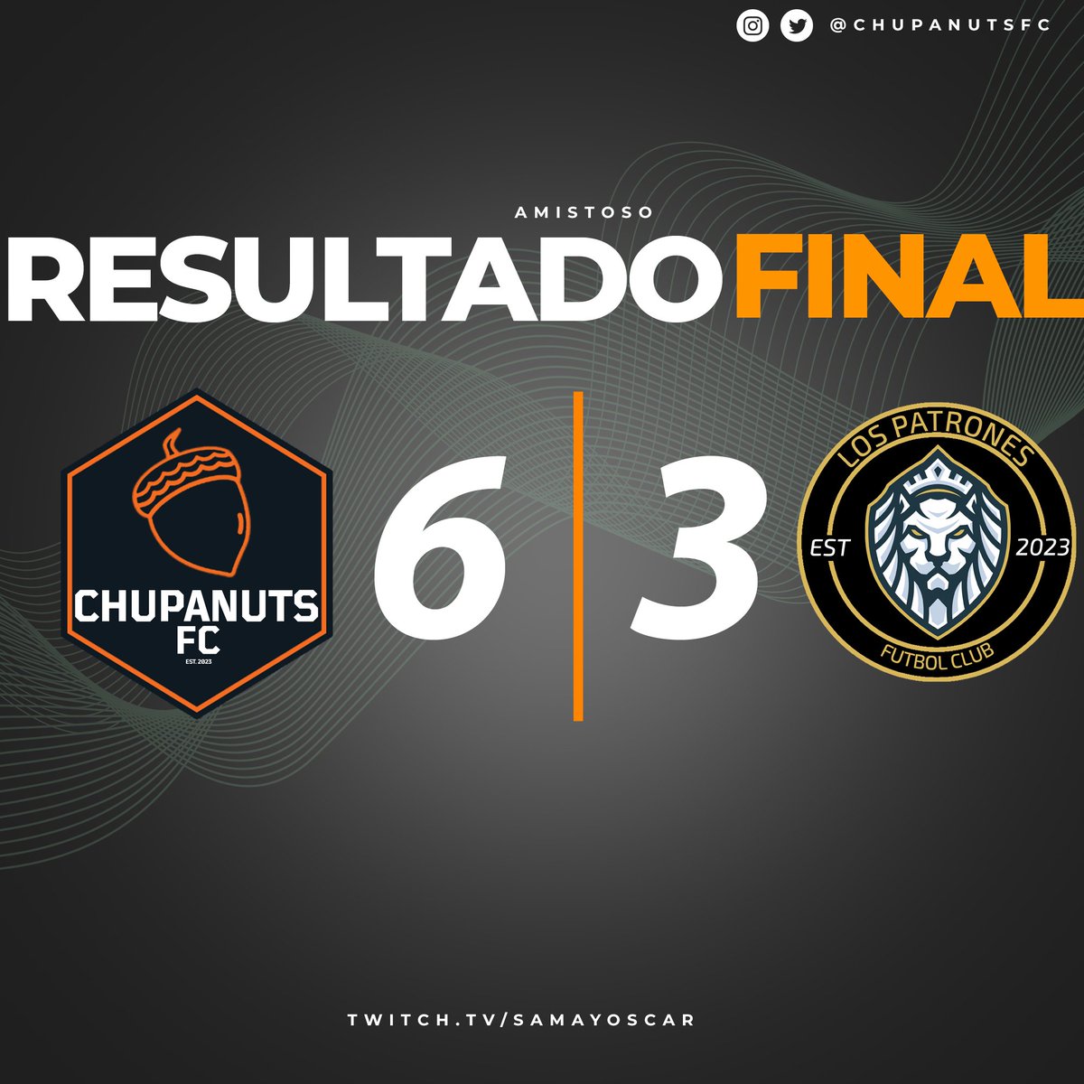 ChupanutsFC's tweet photo. AMISTOSO | RESULTADO FINAL  

Chupanuts FC 6 - Los Patrones FC 3 https://t.co/VfS8H5D8zc