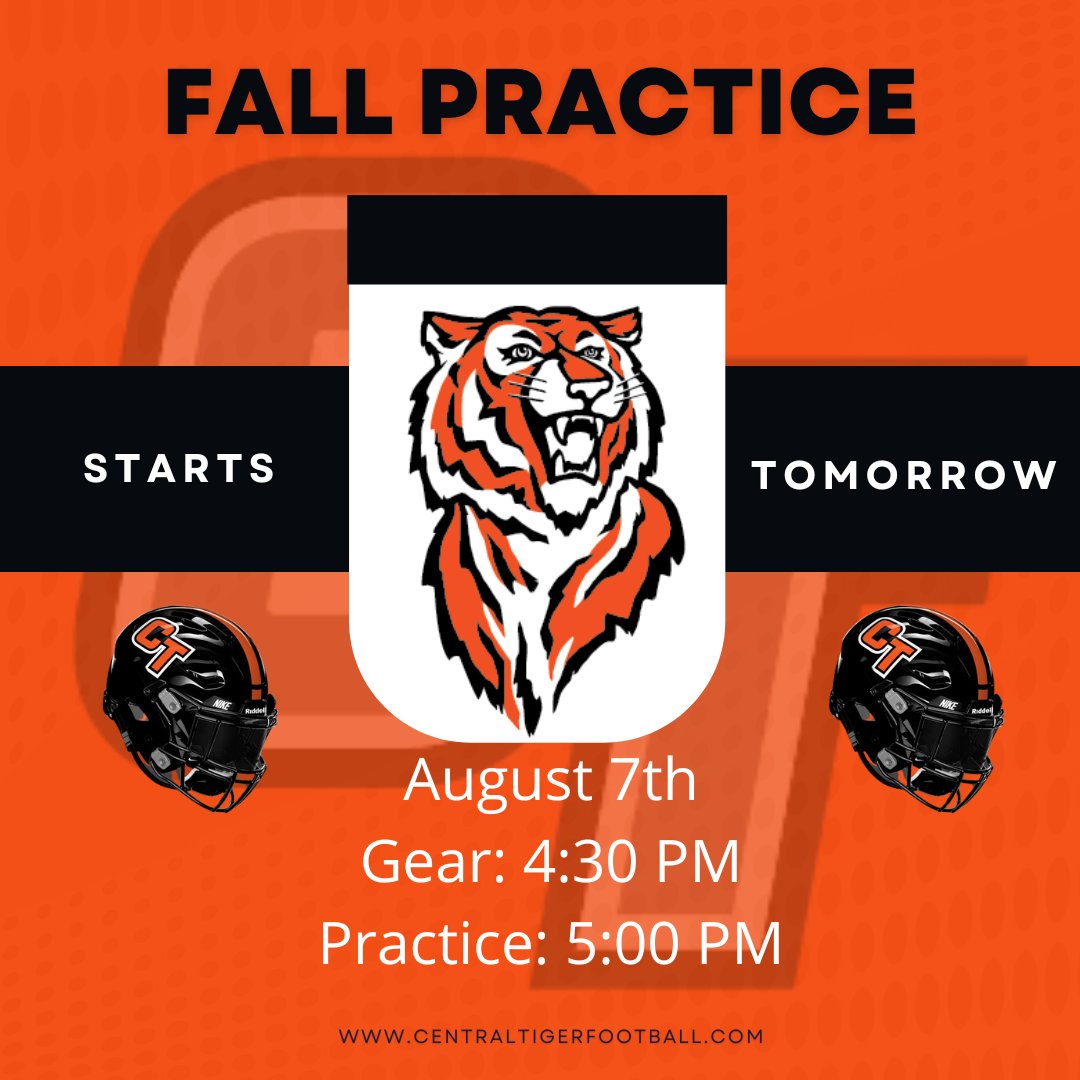 CHS_Tiger_FB's tweet image. Practice begins tomorrow! Make sure your Physical is up to date and your Final Forms are complete. Gear hand out for those that did not attend summer 4:30, practice begins at 5:00pm. #gettingstarted #WeAreCT