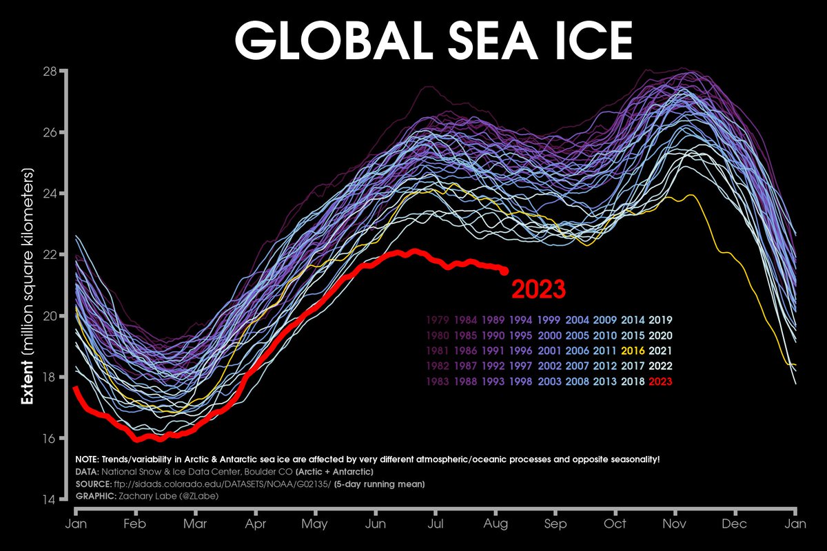 The extent of global sea ice has been consistently setting new daily records for at least the last two months...

More sea ice graphics available at zacklabe.com/global-sea-ice…