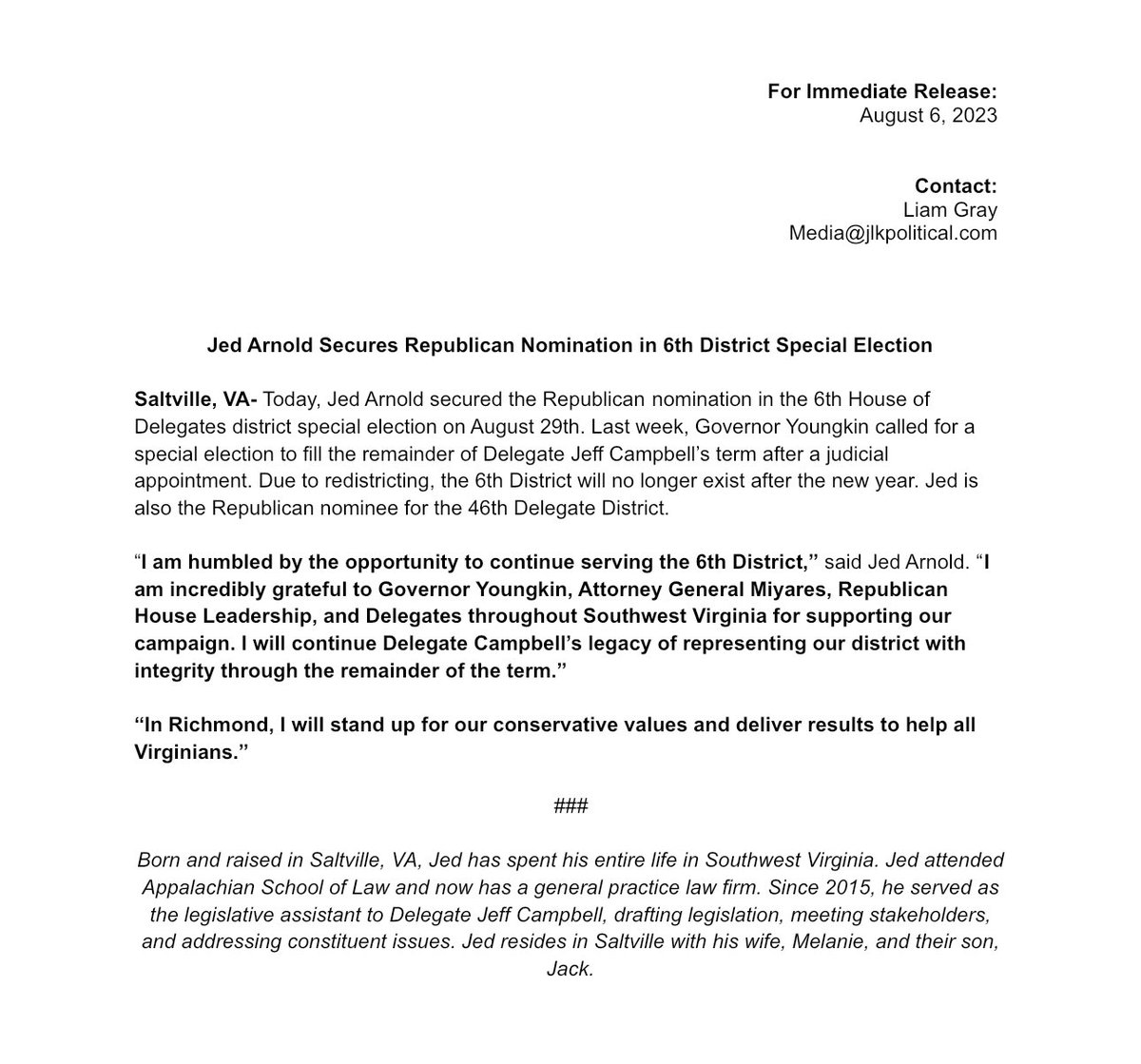 I am humbled to officially be the Republican nominee to represent the 6th District in the upcoming special election on August 29th! 

I look forward to continuing Del. Campbell’s legacy and delivering results for Southwest Virginia!
