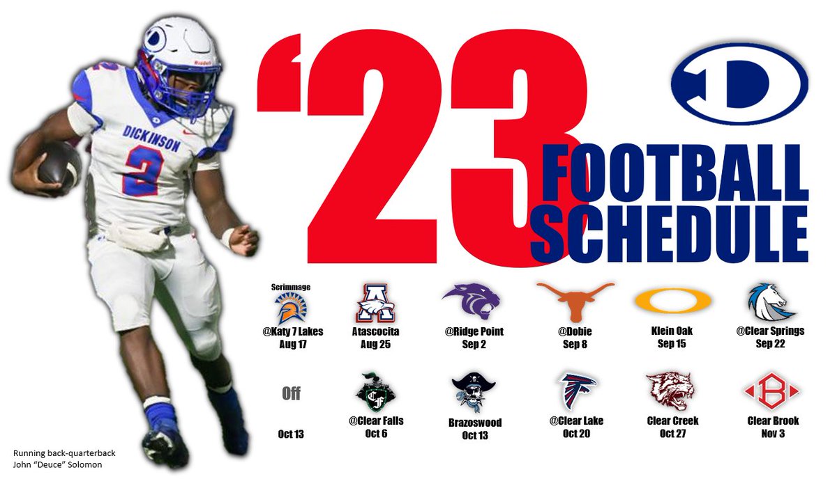 gordjohn1111's tweet photo. '23 Dickinson Gators Football Schedule

(Scrimmage) atKaty 7 Lakes Aug 17
Atascocita Aug 25
atRidge Point Sep 2
atDobie Sep 8
Klein Oak Sep 15
atClear Springs Sep 22
atClear Falls Oct 6
Brazoswood Oct 13
atClear Lake Oct 20
Clear Creek Oct 27
Clear Brook Nov 3

@DickinsonFB https://t.co/w3HuHEFA0F