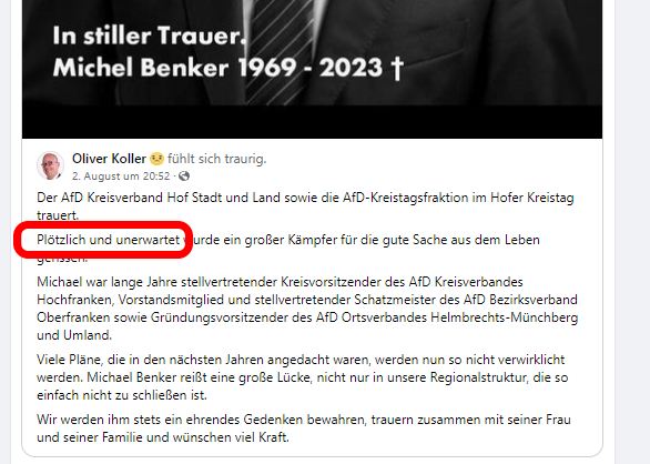 ThomasBe222's tweet photo. @rosenbusch_ Sollen wir das mit der AfD machen?
Der gegen die Impfung hetzende AfD-Politiker Michel Benker geb. 1969 hetzte noch am 1.8.2023.  
Am 2.8.2023 gab es die Trauernachricht: Er ist #ploetzlichundunerwartet verstorben.
https://t.co/2ZoJmOsgJD
Anbei die aktuelle Todesbilanz der AfD. https://t.co/ry0at8iOae
