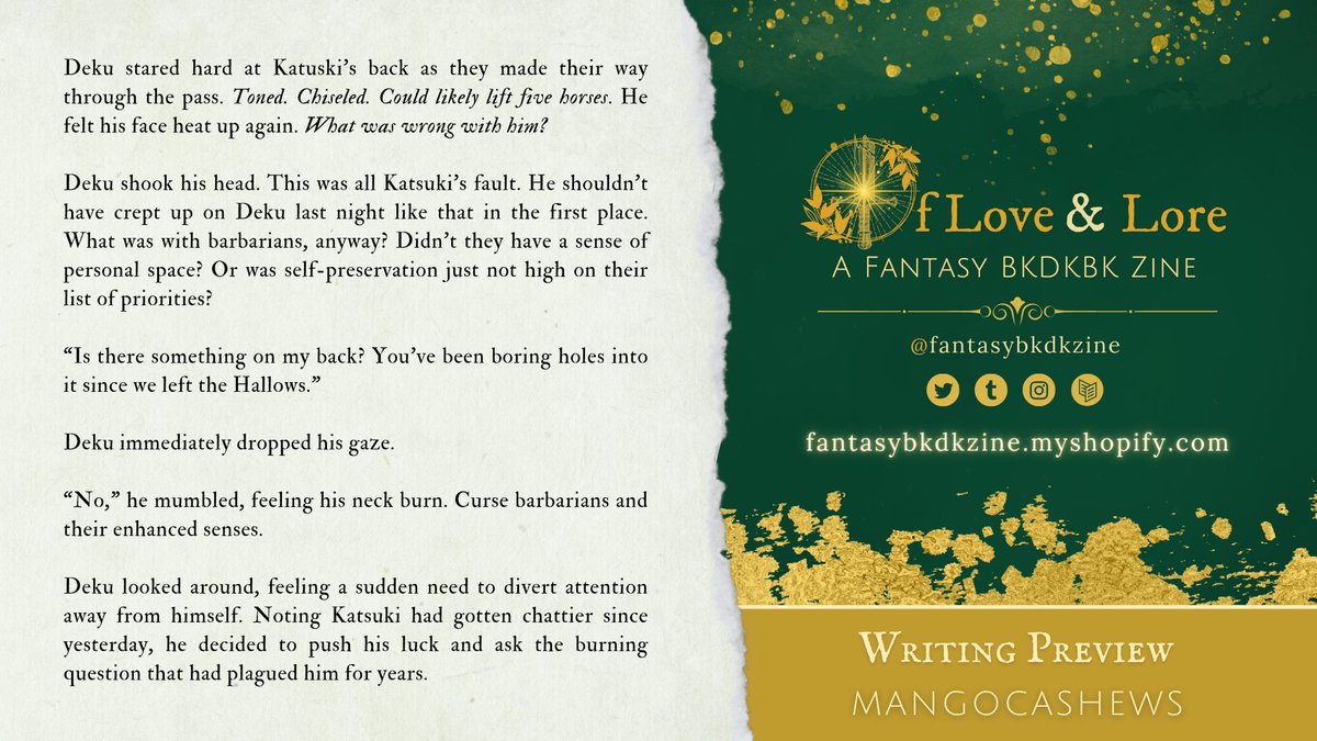 fantasybkdkzine's tweet photo. 📯Of Love &amp; Lore: Writing Preview📜

Writer: @mangocashews

Catch their piece in Of Love and Lore!🌲🗻

📆 Preorders for our Fantasy/Winter AU BkDkBk zine close on August 19! 🛒

Check our profile for the link! https://t.co/8cvAMaQuwV