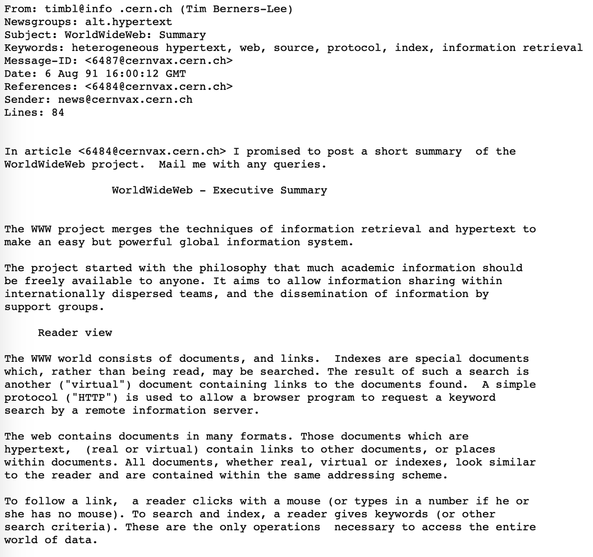 MIT_CSAIL's tweet image. #otd in 1991 Tim Berners-Lee first posted on an online newsgroup about a project he was working on called &quot;The World Wide Web.&quot;

w3.org/People/Berners…

#WebHistory #tdih #TodayInHistory 
@timberners_lee