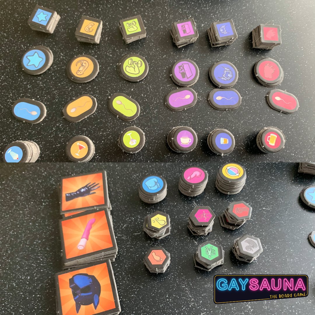 Tokens, tokens, so many cool tokens! You need a bunch every game, but the rest are for creating custom characters to play with using your own choice of likes, role and kinks!

Get your copy now - shop.gaysaunatheboardgame.com