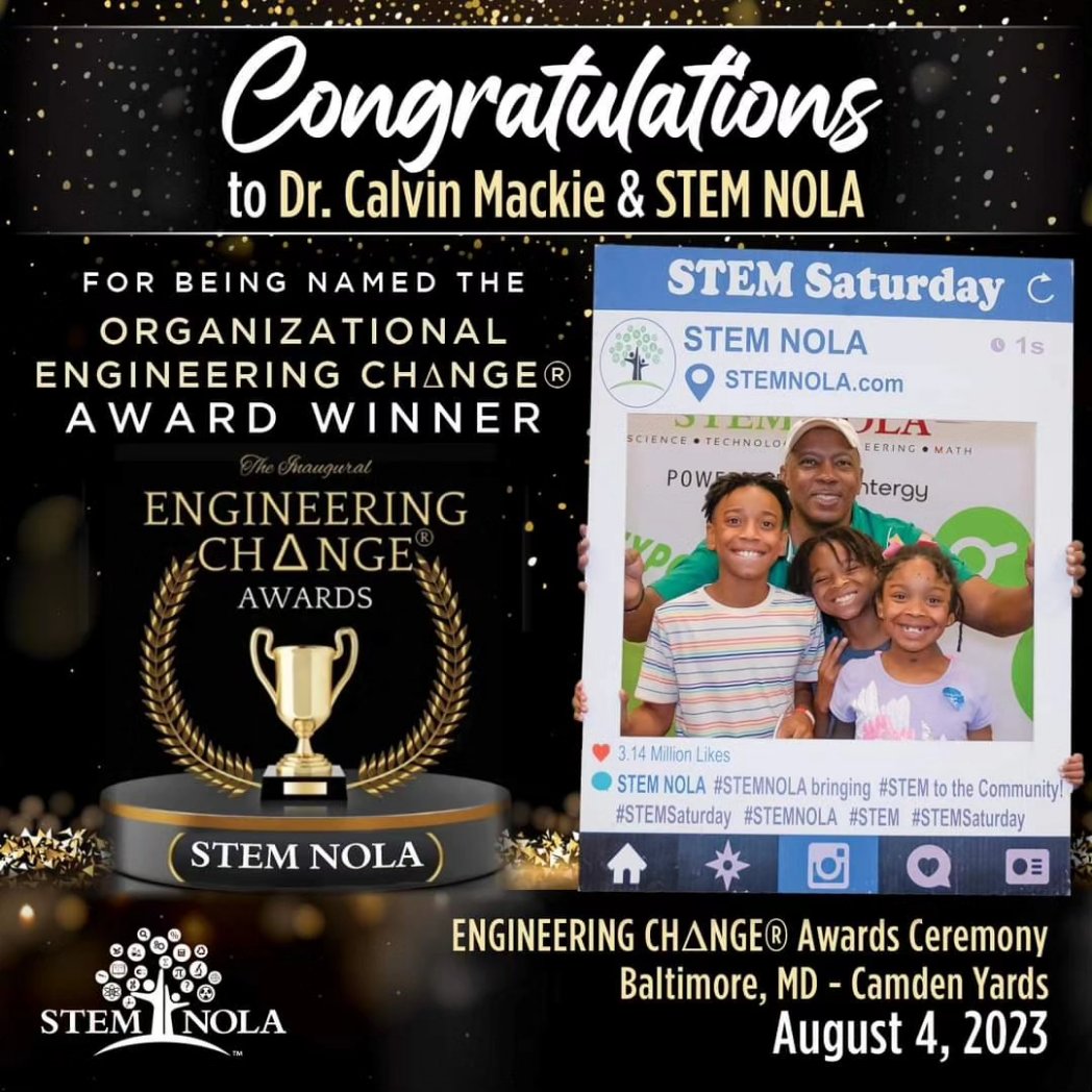 calvinmackie's tweet photo. 🏆 @STEMNOLA has been named the inaugural ENGINEERING CHΔNGE® Organizational Award winner! 

The ENGINEERING CHΔNGE® Awards, managed by The Peer Group and sponsored by ABET recognize individuals and organizations that have demonstrated success in applying intentional, iterative https://t.co/4fjsDWGT8W
