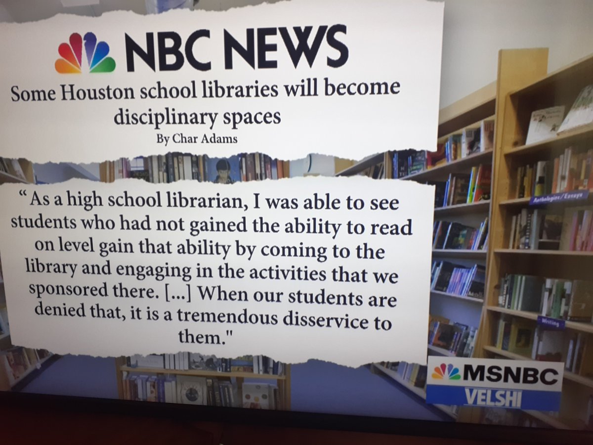 TxEdHouston's tweet photo. #HISD This Morning on MSNBC:
@AliVelshi refers to Mike Miles' plans for Houston Public School Libraries as "Insidious and Perverse"
THANK YOU @MSNBC for Featuring #HISD, the #TEA Takeover, & Mike Miles' plan to turn Libraries into Disciplinary Spaces!
#ISD #Teachers #Parents https://t.co/O0GiTcjPZM