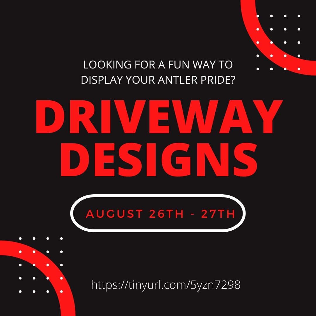 EDTAntlers's tweet photo. Looking for a fun way to display your Antler pride? We will be out painting driveways August 26th and 27th! Designs range from $15-$25 and add player numbers for just $5! See link for details and to sign up:
https://t.co/pFbtyEP8AO
Go Antlers! https://t.co/5e5K8lN7qP