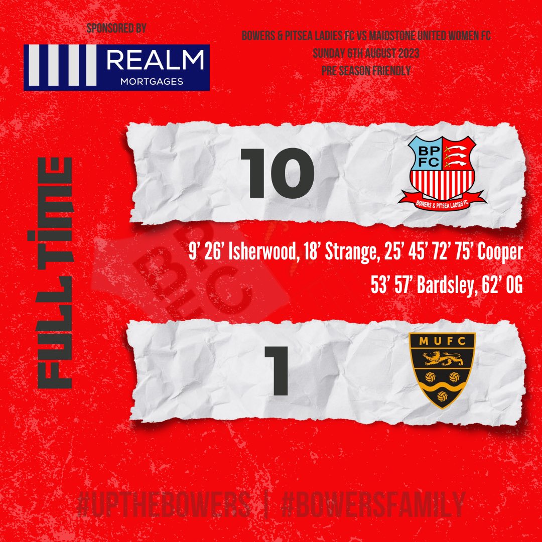 𝐏𝐫𝐞 𝐒𝐞𝐚𝐬𝐨𝐧 𝐂𝐨𝐦𝐩𝐥𝐞𝐭𝐞𝐝 ✅

Goals galore this afternoon as we end Pre Season on a high!

Our thanks to <a href="/MUFCWomen/">Maidstone United Women</a> for coming over and wish you all the very best for the upcoming season!

#UpTheBowers