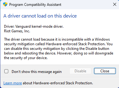 FrankLesniak's tweet photo. The computer game #Valorant apparently installs a freaking kernel-mode driver (!!), which isn't compatible with #DeviceGuard. What the fresh hell is this? #windows #sysadmin #infosec https://t.co/RQ6wS25xTZ