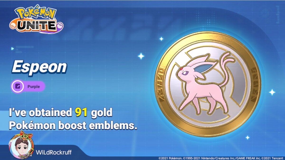 Fluffybutt_Pup's tweet photo. This game knew how much I like espeons so it only took me 91 freaking gold rolls to finally get my spee a pretty gold T_T #PokemonUNITE #NintendoSwitch https://t.co/qEyTZZG8ca