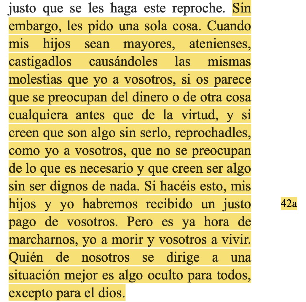 srjosekarlos's tweet photo. Poco ante de morir, Sócrates dice estas palabras al tribunal que lo ha sentenciado. Su última preocupación pública pasa por le educación. Es la construcción de un legado que todavía perdura.. virtud, educar, molestar... https://t.co/3WQFzmj2K6