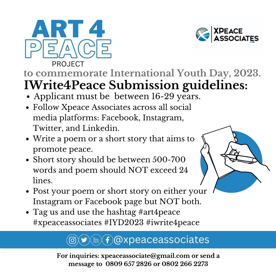 XPeaceAssociate's tweet image. CALL FOR APPLICATION!!

We Need YOU for the “ART 4 Peace Project”! Join our community-driven initiative to revive storytelling and art as tools for peacebuilding. Let’s make a difference together!

Application Guidelines below👇👇
#Art4Peace #XpeaceAssociates #Peace #IWrite4Peace