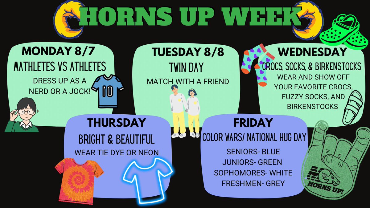 #HornsUp week starts tomorrow! We hope to see many of our RAMS join in on the fun 🟢🔵 @MontwoodHS @Co2024Rams @mhsco_2025 @mhs_class_of_26! @AnaPlayer_MHS