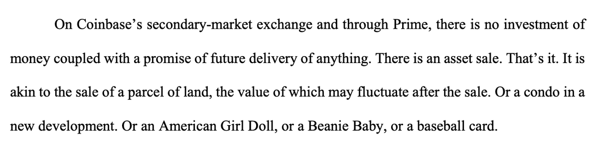 pretty remarkable to see Coinbase making the argument that crypto is not like stocks, it's like baseball cards, American Girl dolls, or Beanie Babies it's the future of finance! except when the SEC comes knocking, then it's just a harmless little toy, your honor