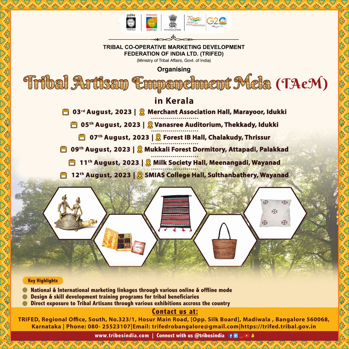 TrifedSouth's tweet photo. We Welcome all the tribal artisans &amp; producers of Chalakudy to join us in the Tribal Artisan Empanelment Mela (TAeM) at Forest IB Hall , Chalakudy , Thrisur district, Kerala.

Timings : 11:00 A.M onwards 
Date : 07.08.2023  
#Vocal4local #Buytribal #trifed https://t.co/2z3ylnDoOJ