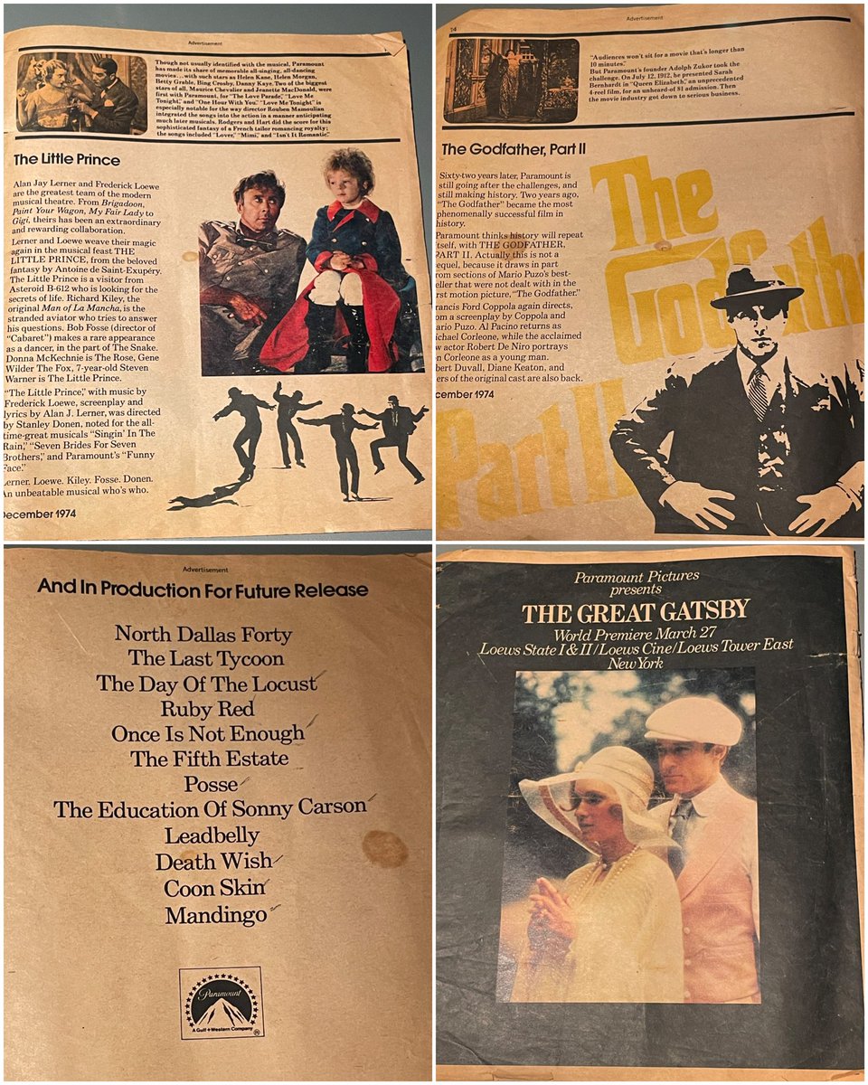 Paramount announces their 1974 slate in the NYT.  One jewel after another: Chinatown, Godfather 2, The Conversation, Don’t Look Now, The Parallax View, The Longest Yard… I’ve kept this newspaper supplement for 50 years.