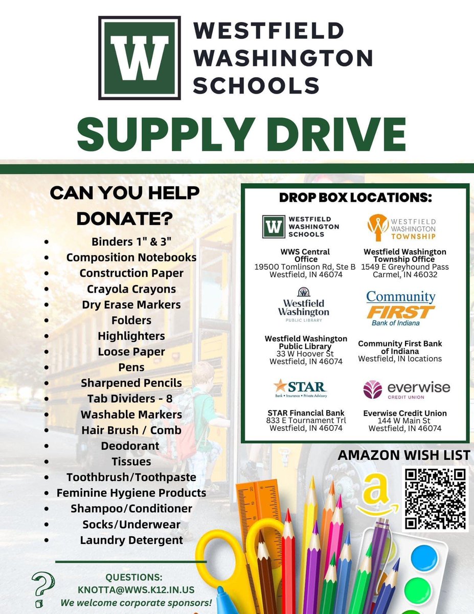 ✏️ It’s almost time!  School starts Aug 10. In preparation for the 2023-2024 School Year, we are sharing our WWS School Supply List. High School students will receive a suggested list of school supplies from their teachers. 

☘️ Our Supply Drive is still active. 💚