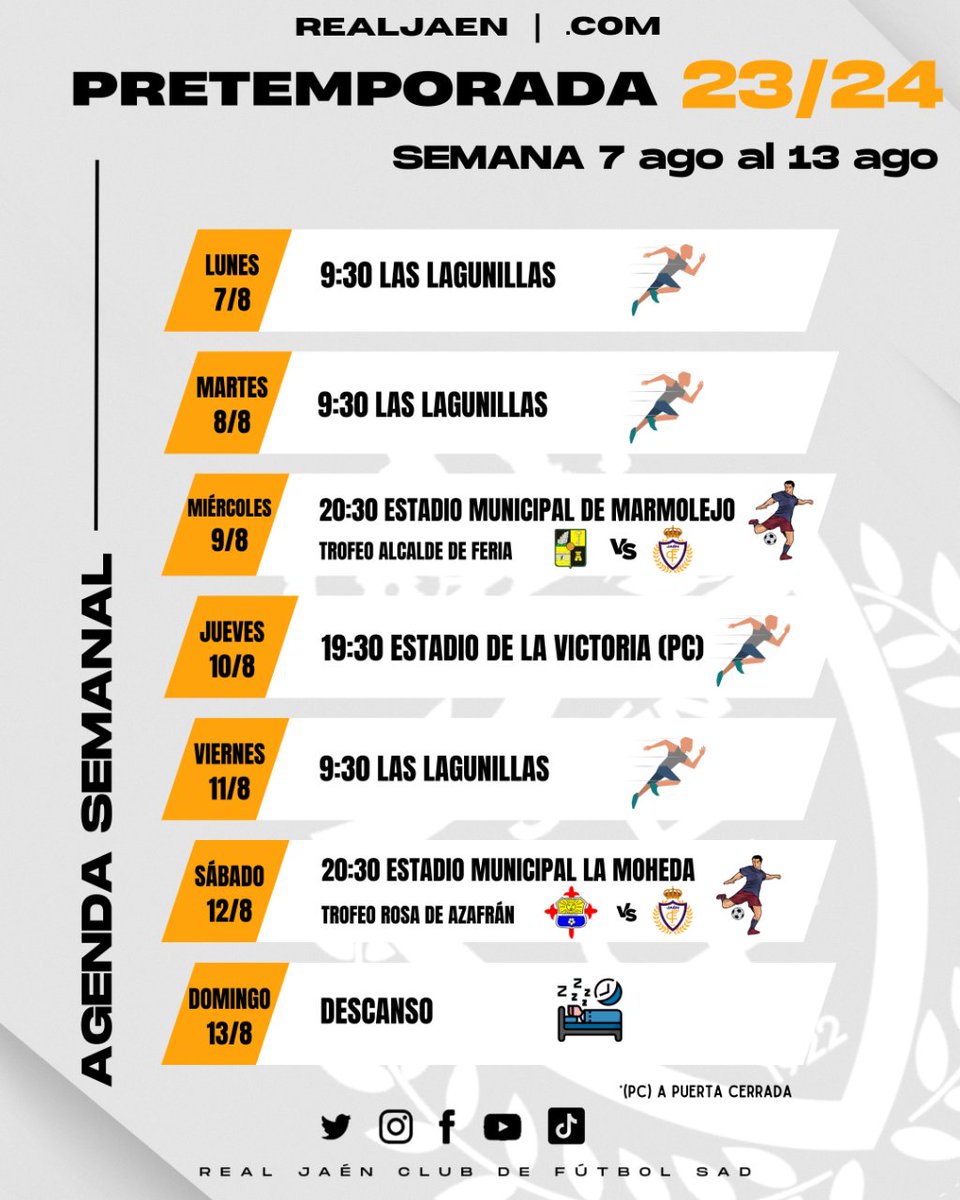 🗓️ ᴘʟᴀɴɪғɪᴄᴀᴄɪᴏ́ɴ sᴇᴍᴀɴᴀʟ | 7 Ago - 13 Ago

Después de dos días de descanso, mañana volvemos a los entrenamientos. ⚽

Esta semana con dos partidos de preparación. 🏋️‍♂️

⚪🟣⚪🟣

#rj2324 
#pretemporada