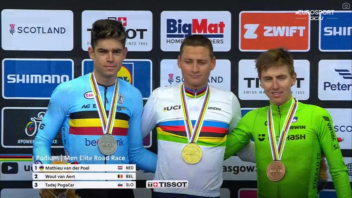 The podium of the 2023 Men Elite world championships. One for the ages. 

🥇 🇳🇱 Mathieu van der Poel 🌈
🥈 🇧🇪 Wout van Aert
🥉 🇸🇮 Tadej Pogacar

#GlasgowScotland2023