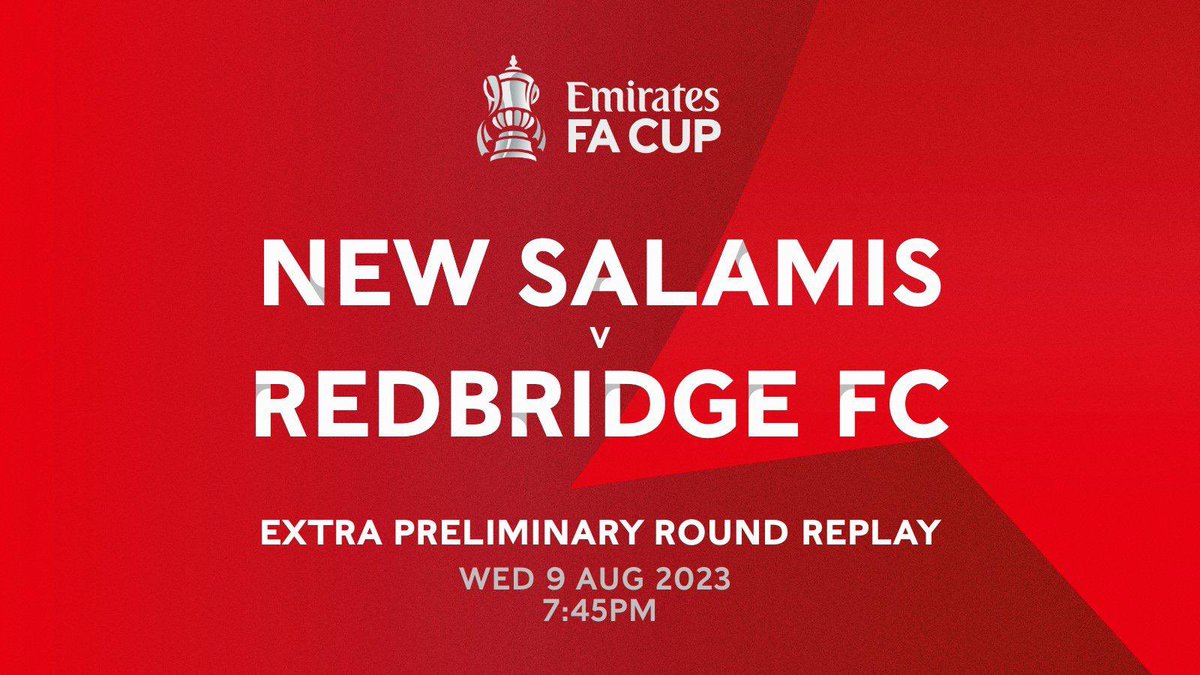 NewSalamisFCUK's tweet photo. 🚨FA CUP REPLAY🚨

The date and time of our @EmiratesFACup extra preliminary round replay has been confirmed! 

@TheMotormen will come to Cole’s Park on Wednesday the 9th of August at 19:45! 

Come and support us on our journey to Wembley 🔴⚪️💪🏼

#solosalamina https://t.co/jQWHaK5HPf