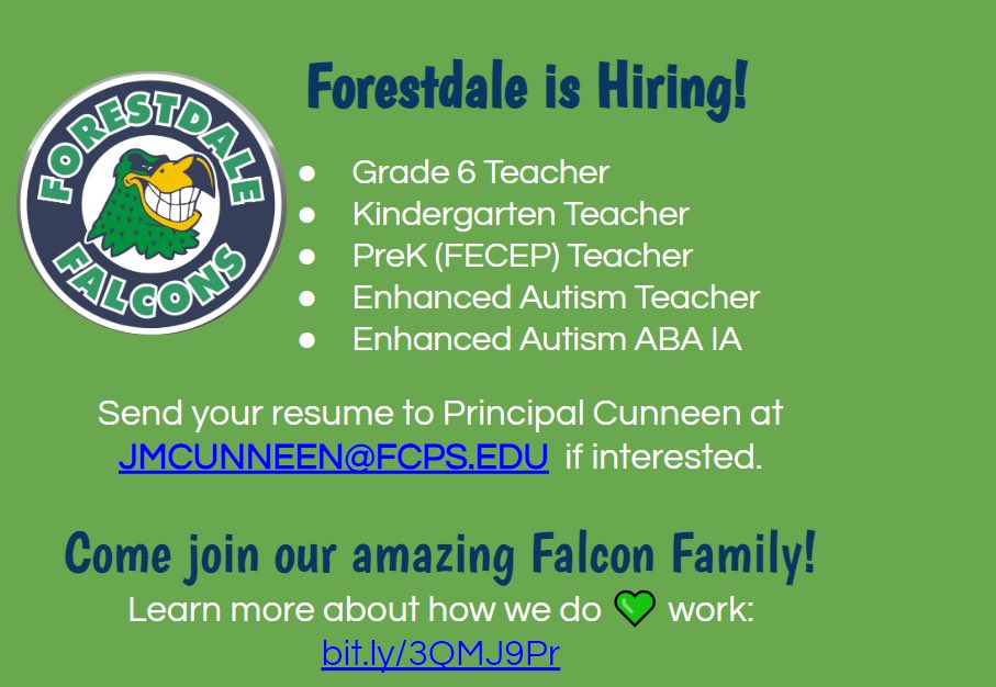 Forestdale ES (@forestdalees) on Twitter photo We are looking for passionate, caring, and collaborative educators to join our amazing Falcon Family for the 23-24 school year. #ForestdaleStrong <a href="/fcpsnews/">Fairfax Schools 🌟</a> <a href="/HR_FCPS/">FCPS Department of Human Resources</a> <a href="/Falcon_Cunneen/">Jenny Cunneen (she/her/hers)</a> We are looking for passionate, caring, and collaborative educators to join our amazing Falcon Family for the 23-24 school year. #ForestdaleStrong <a href="/fcpsnews/">Fairfax Schools 🌟</a> <a href="/HR_FCPS/">FCPS Department of Human Resources</a> <a href="/Falcon_Cunneen/">Jenny Cunneen (she/her/hers)</a>