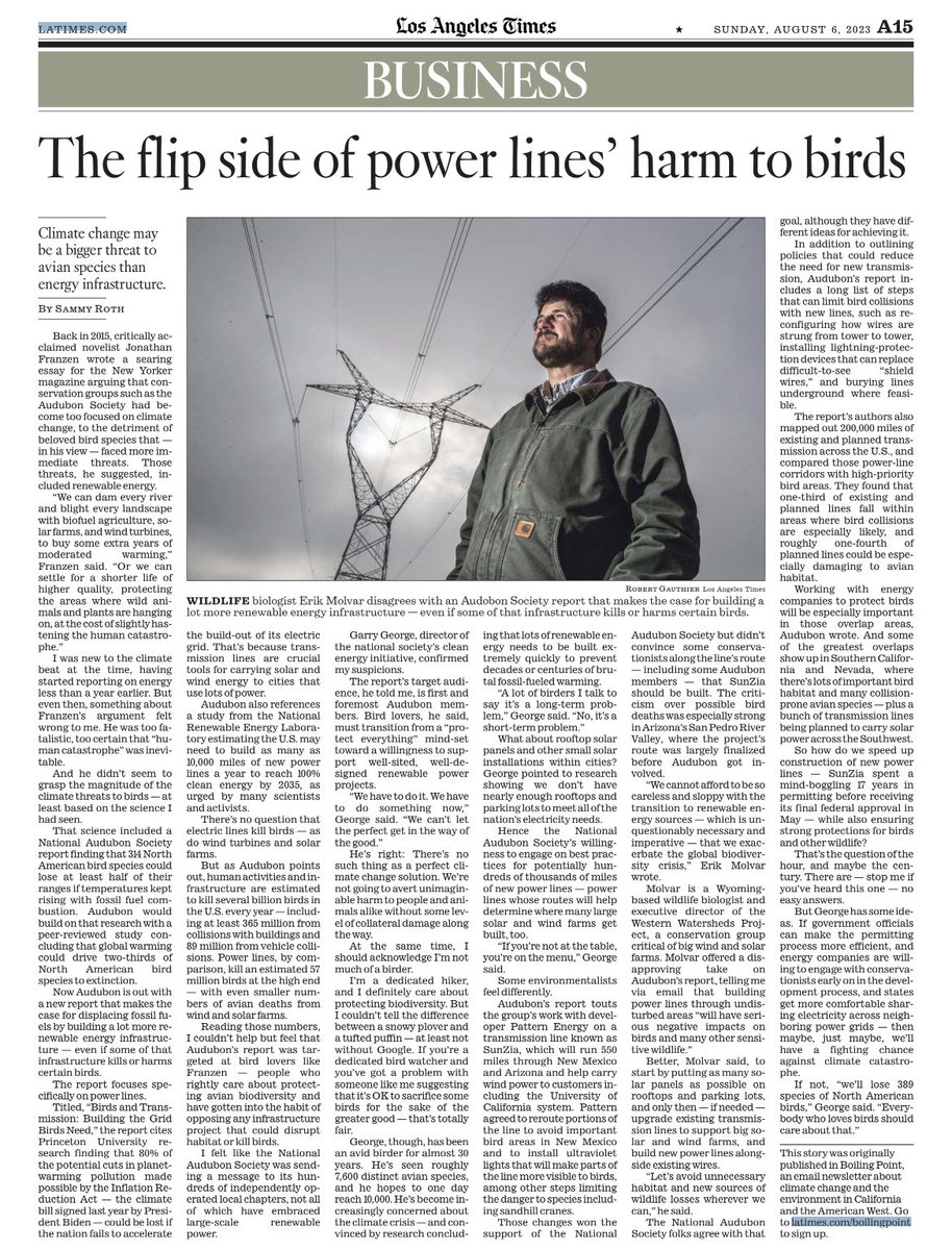 Sammy_Roth's tweet photo. In today’s @latimes: My story on an @audubonsociety report calling for lots and lots of new power lines to switch the electric grid from fossil fuels to renewable energy, and help save the birds: https://t.co/Zlzxd0jTaq https://t.co/YNmLdA1N5h