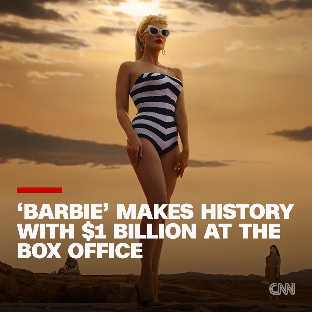 CNN's tweet photo. In barely three weeks, "Barbie" has raked in an astounding $1.03 billion at the global box office, according to official Warner Bros. estimates.

It makes Greta Gerwig the first female director with a billion-dollar film. https://t.co/FoVN1AtJ5C

📸: Warner Bros. Pictures https://t.co/5hob2JArfe