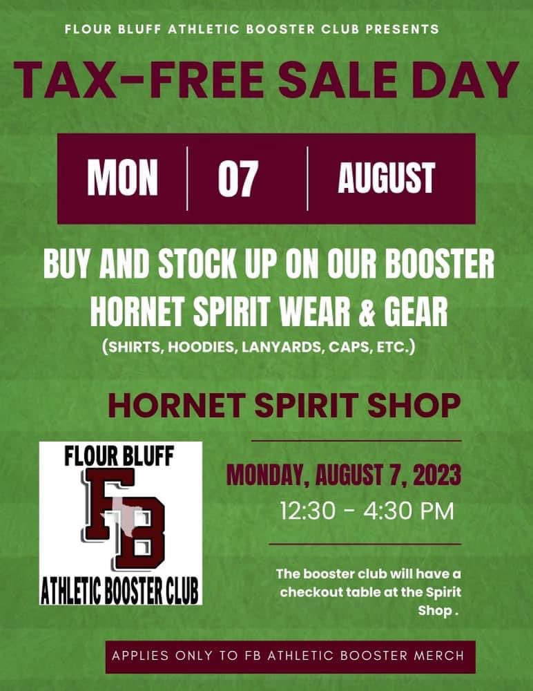 Just in time before school starts! Come in and stock up on your spirit wear!! 
Tax free offer applies to FB Athletic Booster Club merchandise only.