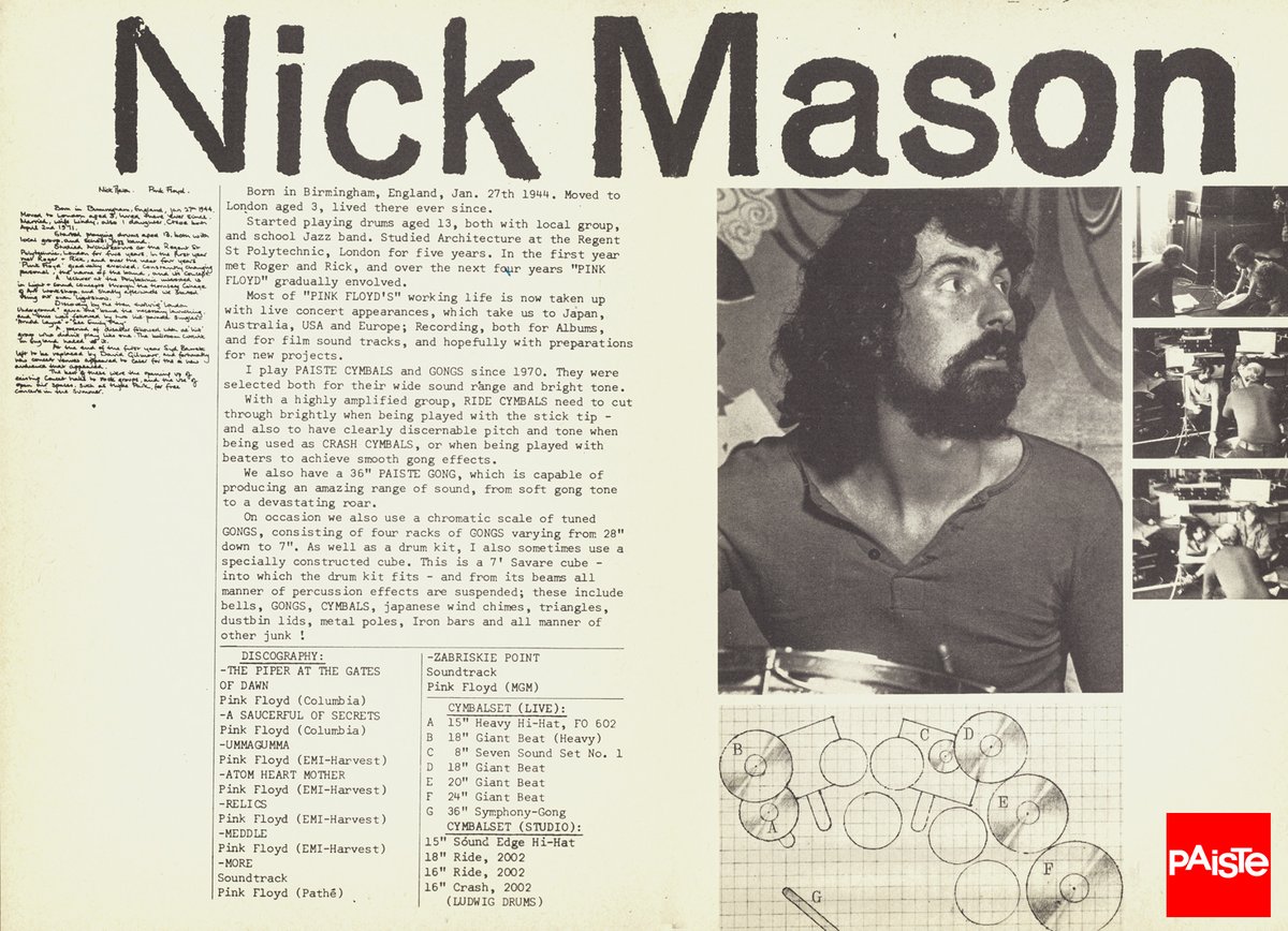 PaisteNation's tweet photo. Back in the early 70's Nick Mason played a mix of Giant Beat & 2002. Today he relies almost exclusively on the Signature series. 👌
#paiste #paistecymbals #cymbals #paistefamily #drums #drum #drummers #pinkfloyd #nickmason #legend #giantbeat #profilebooks #paisteprofilebooks https://t.co/T5Fu5zLaP0