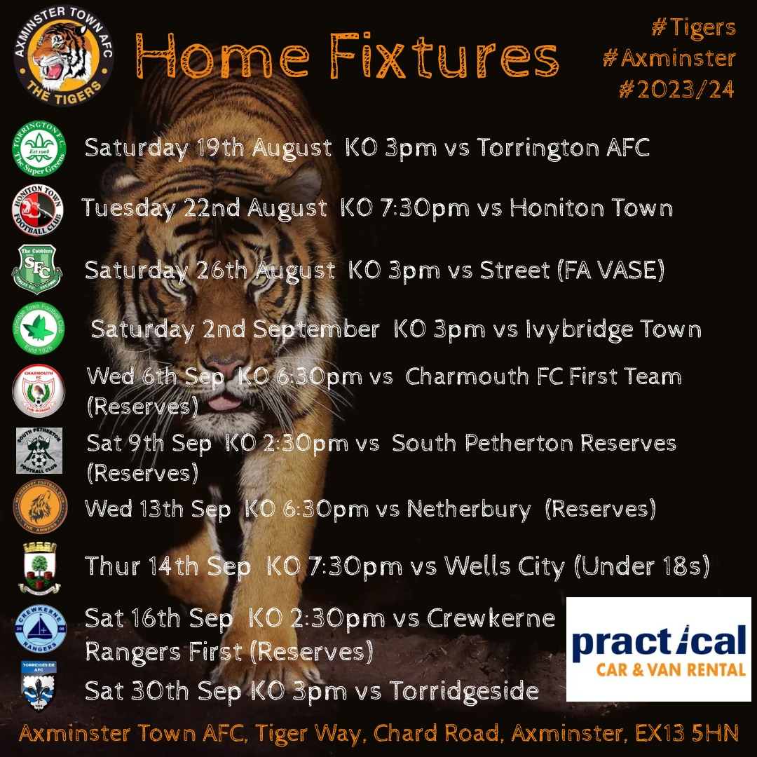 Axminstertownfc's tweet photo. Home league and cup fixtures for August and September...
#Tigers 🐅 #Axminster 🧡 #COYTigers ⚽️
@AxminsterNub @swpleague @swsportsnews https://t.co/2n0m2WMPmk