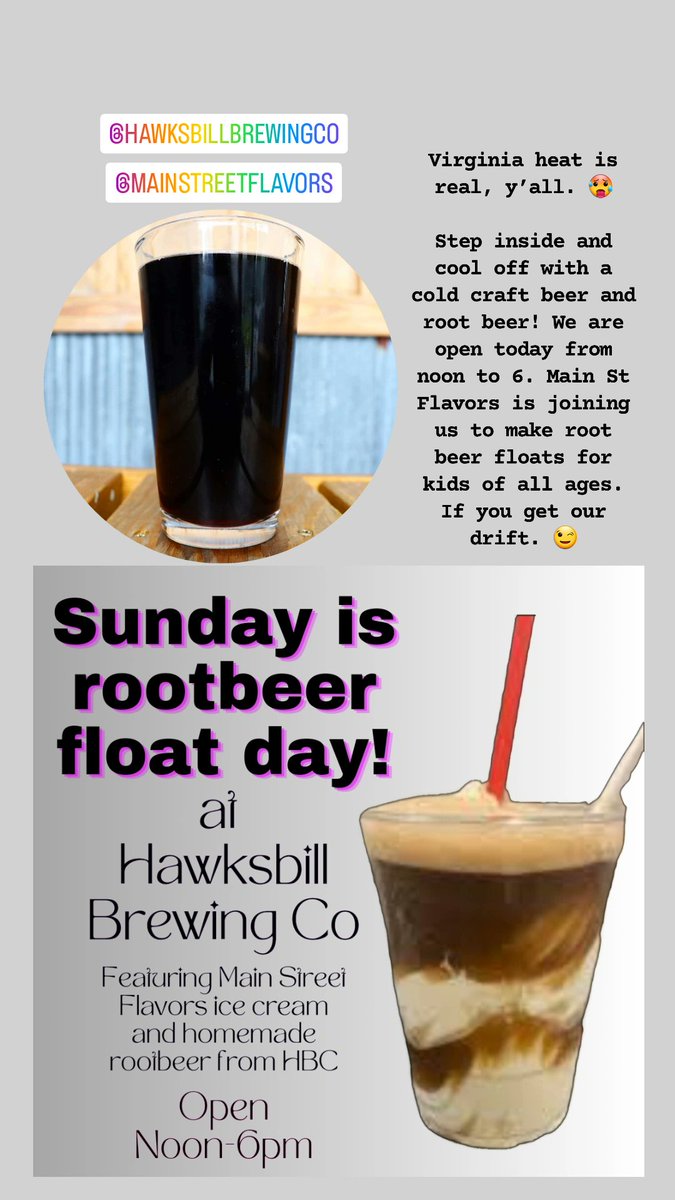 hawksbillbrew's tweet photo. It's SUNDAY!
AND
Rootbeer Float Day!

We have our homemade rootbeer on tap, and Main St Flavors has provided us ice-cream to have rootbeer floats for purchase today!
Open Noon-6pm

#seeyouatthebrewery #webrewcommunity https://t.co/1yip1KbWzW