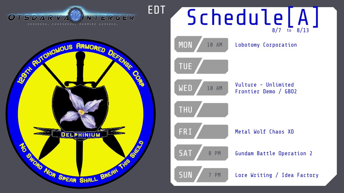OtsdarvaInteger's tweet photo. We are now back on Rotation A for our schedule! (Mondays and Wednesdays are now in focus)
- Some streams to anticipate: Vulture: Unlimited Frontier Demo, Lobotomy Corporation, and Lore Writing/Idea Factory stream! What's the last one? Find out Sunday! #IntegerLive https://t.co/koPdrFGCLX
